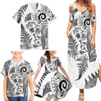 New Zealand Sea Animals Family Matching Summer Maxi Dress and Hawaiian Shirt with Maori Koru Tribal Tattoo and Silver Ferns White Color