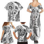 New Zealand Sea Animals Family Matching Summer Maxi Dress and Hawaiian Shirt with Maori Koru Tribal Tattoo and Silver Ferns White Color