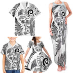 New Zealand Sea Animals Family Matching Tank Maxi Dress and Hawaiian Shirt with Maori Koru Tribal Tattoo and Silver Ferns White Color