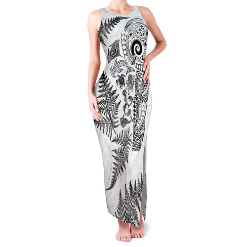 New Zealand Sea Animals Family Matching Tank Maxi Dress and Hawaiian Shirt with Maori Koru Tribal Tattoo and Silver Ferns White Color