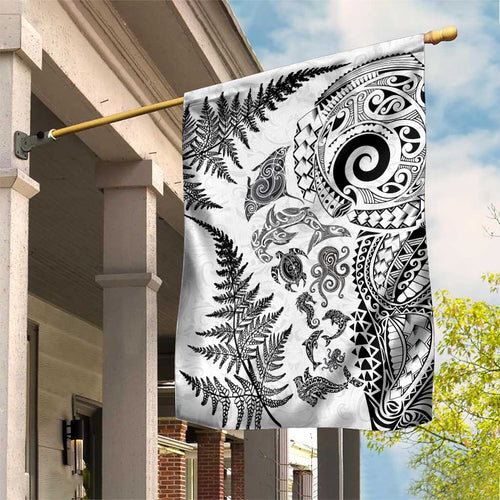 New Zealand Sea Animals Garden Flag with Maori Koru Tribal Tattoo and Silver Ferns White Color