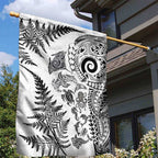 New Zealand Sea Animals Garden Flag with Maori Koru Tribal Tattoo and Silver Ferns White Color