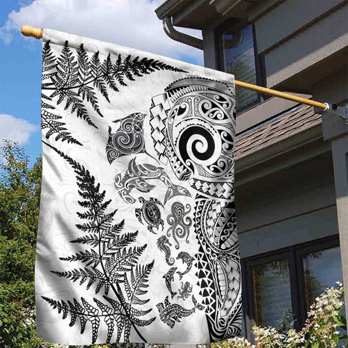 New Zealand Sea Animals Garden Flag with Maori Koru Tribal Tattoo and Silver Ferns White Color
