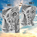 New Zealand Sea Animals Garden Flag with Maori Koru Tribal Tattoo and Silver Ferns White Color