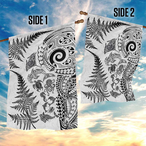 New Zealand Sea Animals Garden Flag with Maori Koru Tribal Tattoo and Silver Ferns White Color