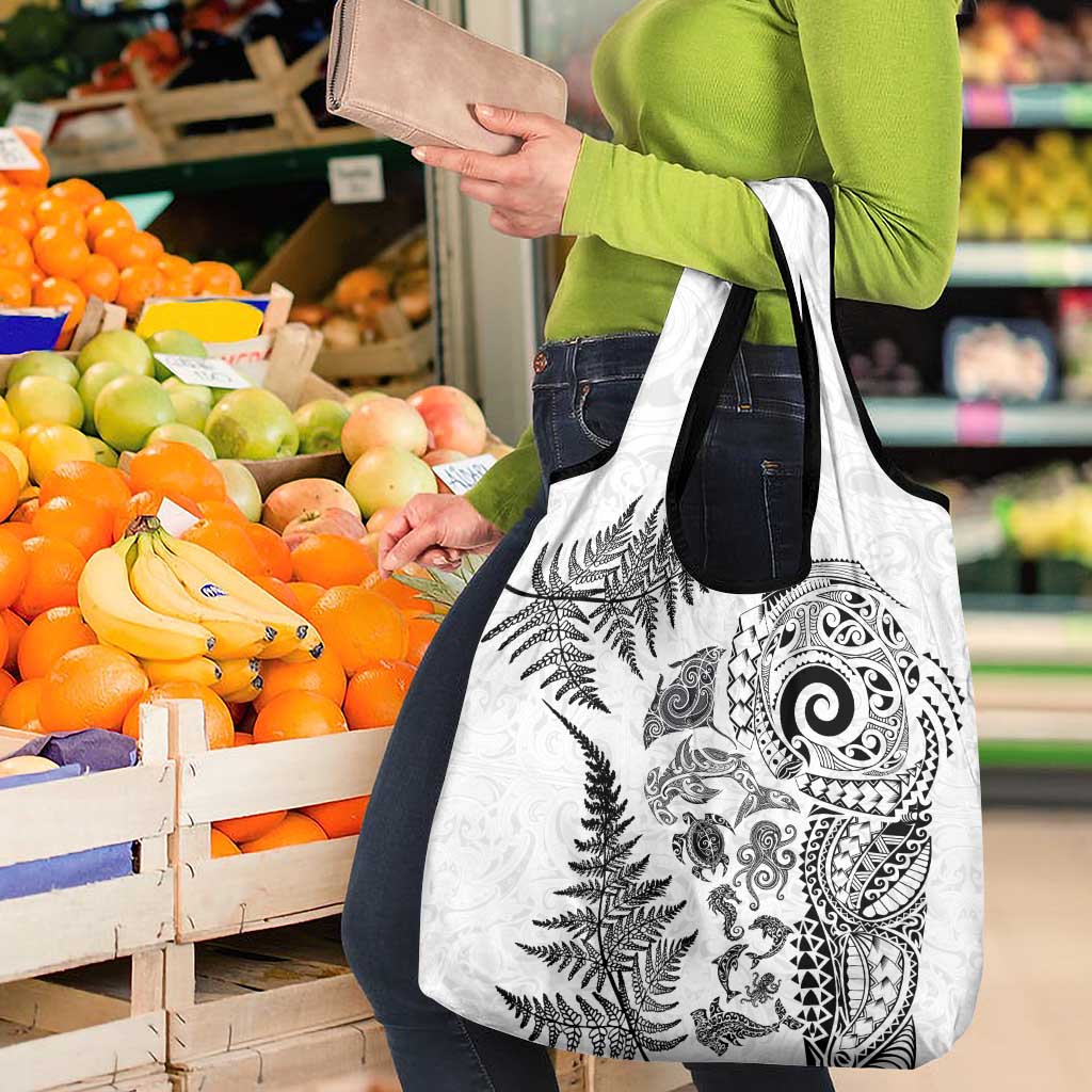 New Zealand Sea Animals Grocery Bag with Maori Koru Tribal Tattoo and Silver Ferns White Color