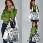 New Zealand Sea Animals Grocery Bag with Maori Koru Tribal Tattoo and Silver Ferns White Color