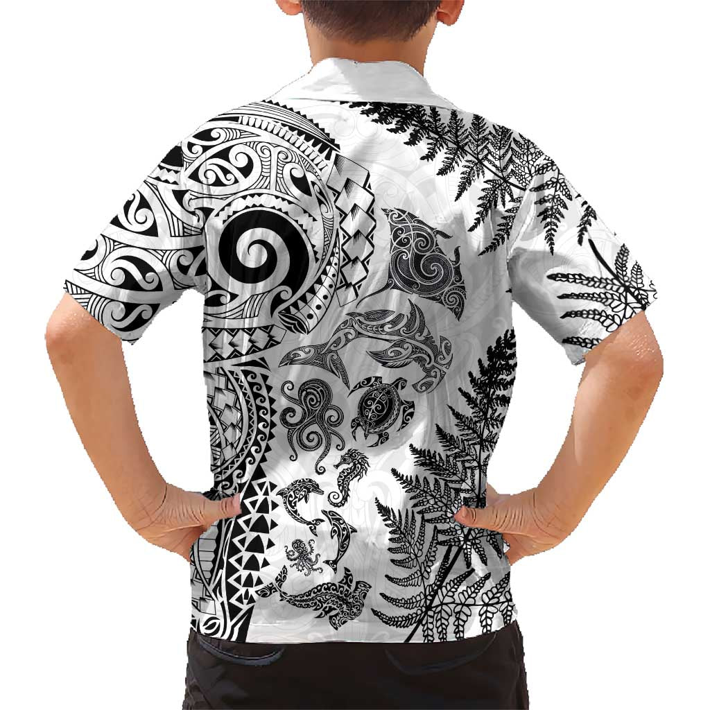 New Zealand Sea Animals Hawaiian Shirt with Maori Koru Tribal Tattoo and Silver Ferns White Color