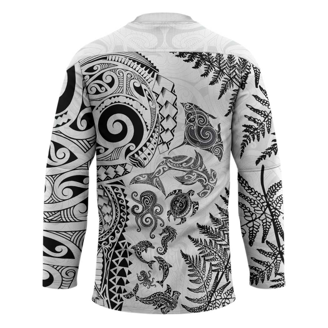 New Zealand Sea Animals Hockey Jersey with Maori Koru Tribal Tattoo and Silver Ferns White Color