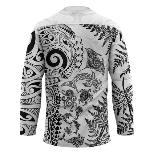 New Zealand Sea Animals Hockey Jersey with Maori Koru Tribal Tattoo and Silver Ferns White Color
