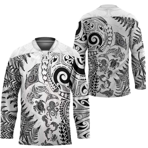 New Zealand Sea Animals Hockey Jersey with Maori Koru Tribal Tattoo and Silver Ferns White Color
