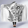 New Zealand Sea Animals Hooded Blanket with Maori Koru Tribal Tattoo and Silver Ferns White Color