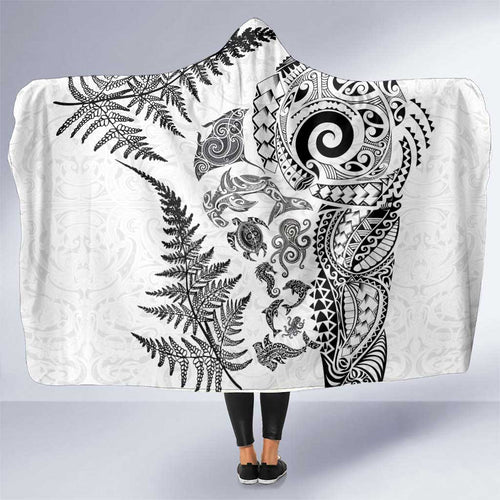 New Zealand Sea Animals Hooded Blanket with Maori Koru Tribal Tattoo and Silver Ferns White Color