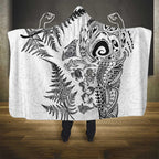 New Zealand Sea Animals Hooded Blanket with Maori Koru Tribal Tattoo and Silver Ferns White Color