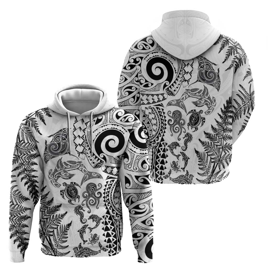 New Zealand Sea Animals Hoodie with Maori Koru Tribal Tattoo and Silver Ferns White Color