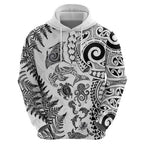 New Zealand Sea Animals Hoodie with Maori Koru Tribal Tattoo and Silver Ferns White Color