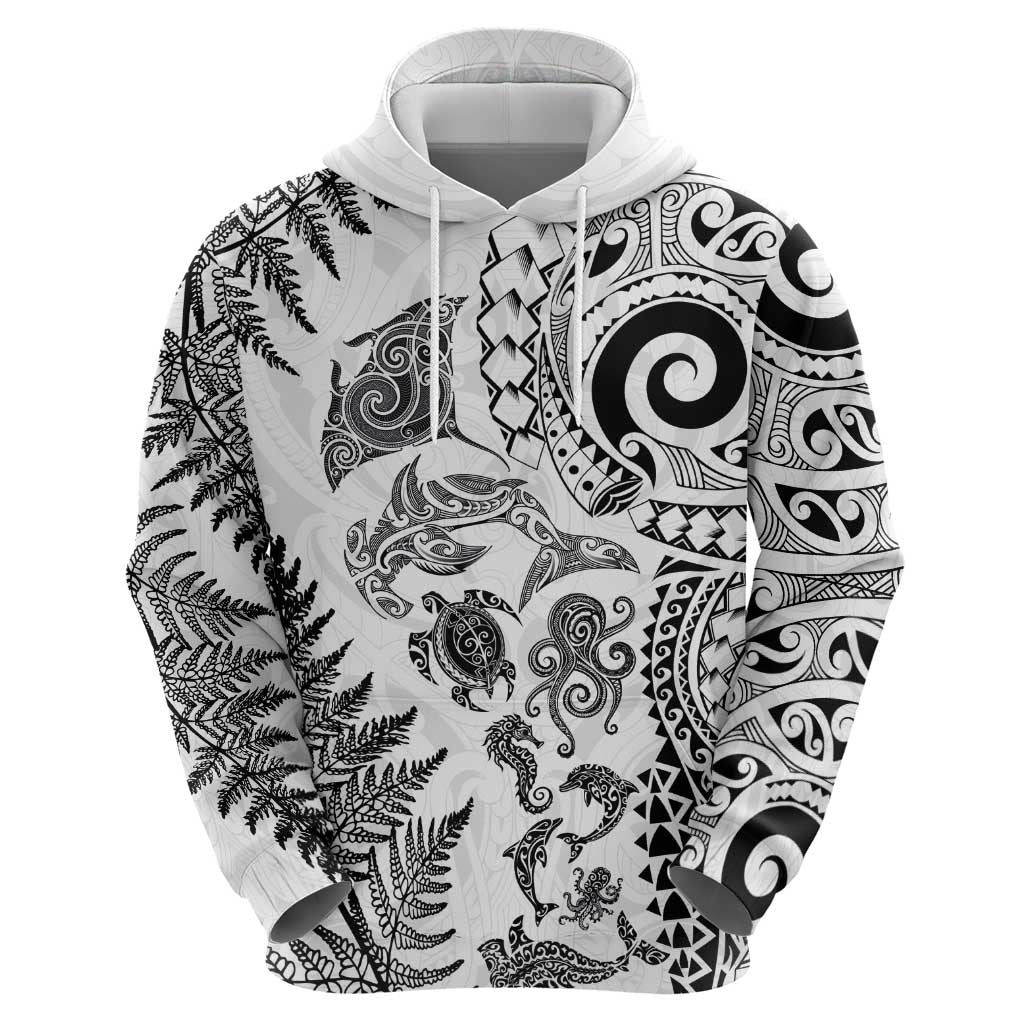 New Zealand Sea Animals Hoodie with Maori Koru Tribal Tattoo and Silver Ferns White Color