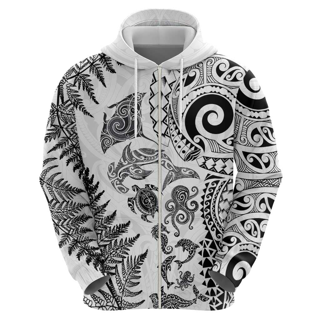 New Zealand Sea Animals Hoodie with Maori Koru Tribal Tattoo and Silver Ferns White Color