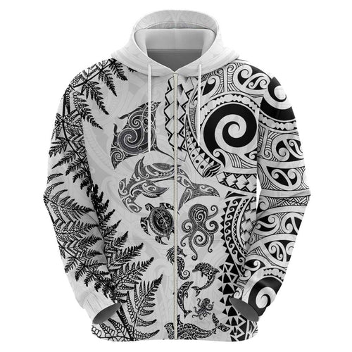New Zealand Sea Animals Hoodie with Maori Koru Tribal Tattoo and Silver Ferns White Color
