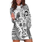 New Zealand Sea Animals Hoodie Dress with Maori Koru Tribal Tattoo and Silver Ferns White Color