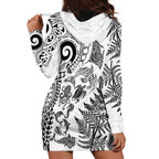 New Zealand Sea Animals Hoodie Dress with Maori Koru Tribal Tattoo and Silver Ferns White Color