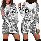 New Zealand Sea Animals Hoodie Dress with Maori Koru Tribal Tattoo and Silver Ferns White Color