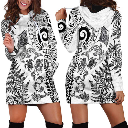 New Zealand Sea Animals Hoodie Dress with Maori Koru Tribal Tattoo and Silver Ferns White Color