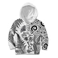 New Zealand Sea Animals Kid Hoodie with Maori Koru Tribal Tattoo and Silver Ferns White Color
