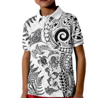 New Zealand Sea Animals Kid Polo Shirt with Maori Koru Tribal Tattoo and Silver Ferns White Color