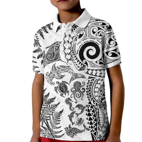 New Zealand Sea Animals Kid Polo Shirt with Maori Koru Tribal Tattoo and Silver Ferns White Color