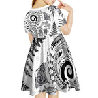 New Zealand Sea Animals Kid Short Sleeve Dress with Maori Koru Tribal Tattoo and Silver Ferns White Color