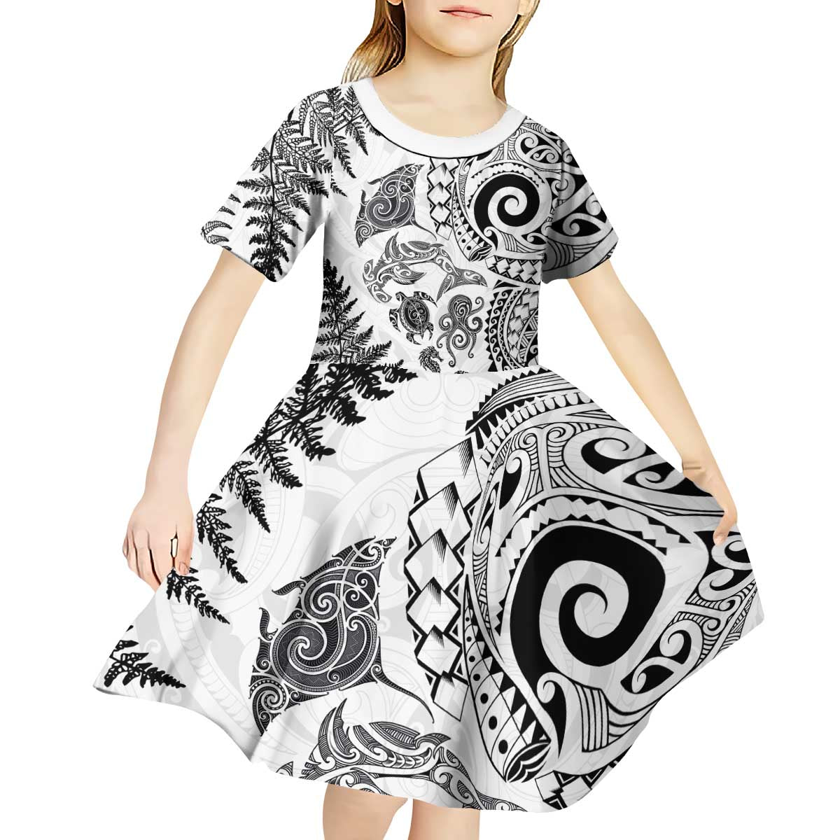 New Zealand Sea Animals Kid Short Sleeve Dress with Maori Koru Tribal Tattoo and Silver Ferns White Color
