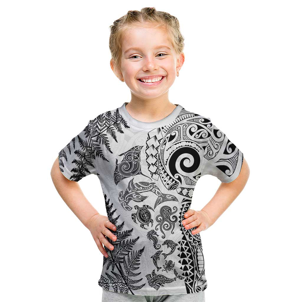 New Zealand Sea Animals Kid T Shirt with Maori Koru Tribal Tattoo and Silver Ferns White Color