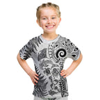 New Zealand Sea Animals Kid T Shirt with Maori Koru Tribal Tattoo and Silver Ferns White Color