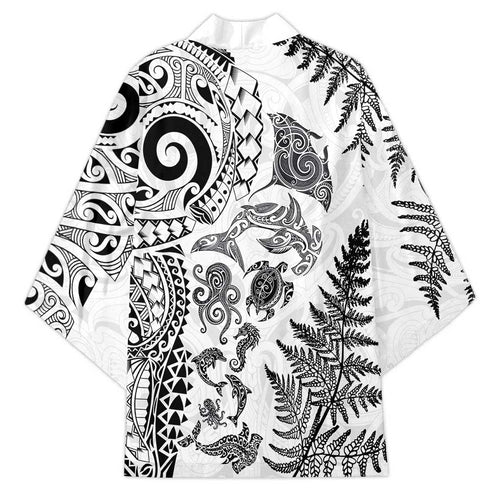 New Zealand Sea Animals Kimono with Maori Koru Tribal Tattoo and Silver Ferns White Color