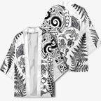 New Zealand Sea Animals Kimono with Maori Koru Tribal Tattoo and Silver Ferns White Color