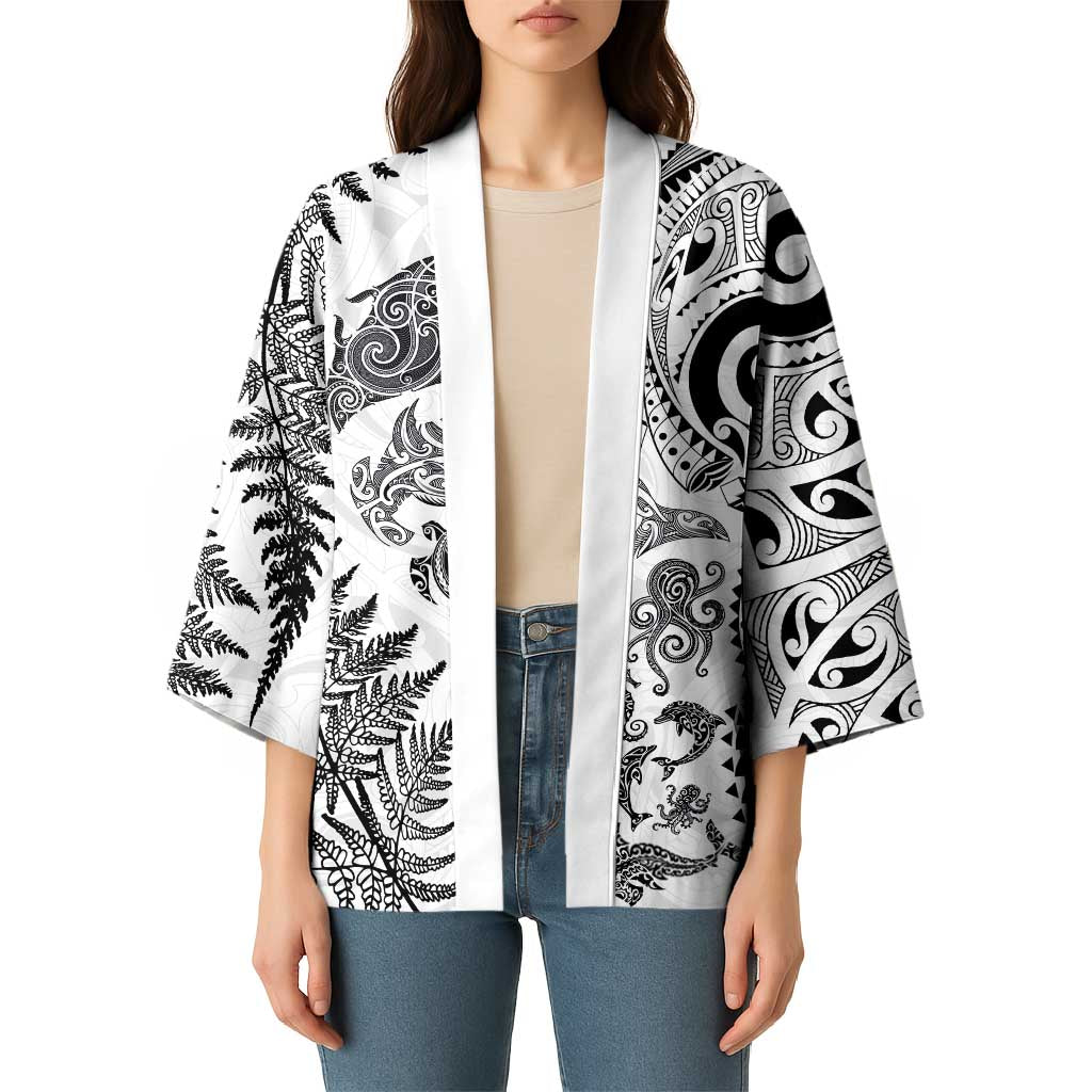 New Zealand Sea Animals Kimono with Maori Koru Tribal Tattoo and Silver Ferns White Color