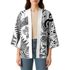 New Zealand Sea Animals Kimono with Maori Koru Tribal Tattoo and Silver Ferns White Color