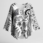 New Zealand Sea Animals Kimono Sleeve Blouse with Maori Koru Tribal Tattoo and Silver Ferns White Color