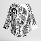 New Zealand Sea Animals Kimono Sleeve Blouse with Maori Koru Tribal Tattoo and Silver Ferns White Color