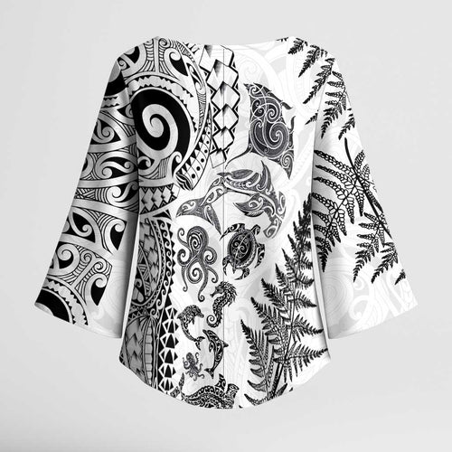 New Zealand Sea Animals Kimono Sleeve Blouse with Maori Koru Tribal Tattoo and Silver Ferns White Color