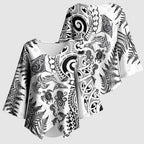 New Zealand Sea Animals Kimono Sleeve Blouse with Maori Koru Tribal Tattoo and Silver Ferns White Color