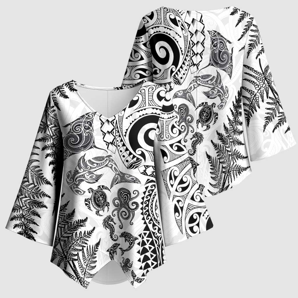 New Zealand Sea Animals Kimono Sleeve Blouse with Maori Koru Tribal Tattoo and Silver Ferns White Color