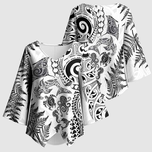 New Zealand Sea Animals Kimono Sleeve Blouse with Maori Koru Tribal Tattoo and Silver Ferns White Color