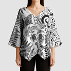 New Zealand Sea Animals Kimono Sleeve Blouse with Maori Koru Tribal Tattoo and Silver Ferns White Color