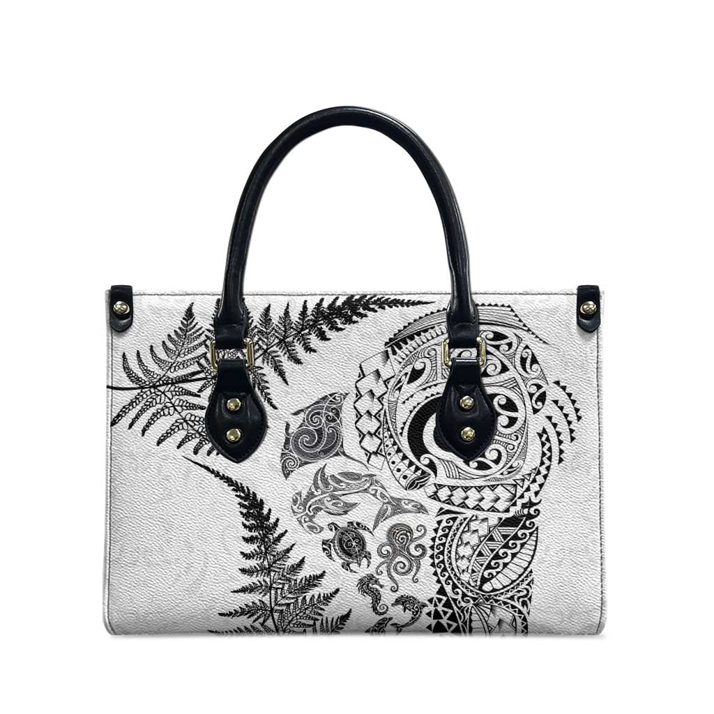 New Zealand Sea Animals Leather Bag with Maori Koru Tribal Tattoo and Silver Ferns White Color