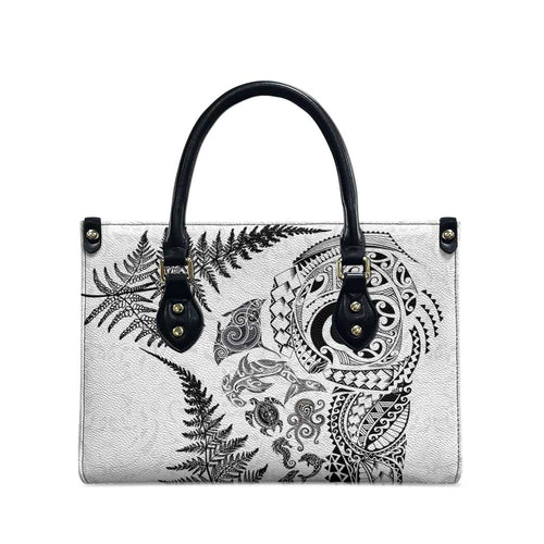 New Zealand Sea Animals Leather Bag with Maori Koru Tribal Tattoo and Silver Ferns White Color