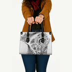 New Zealand Sea Animals Leather Bag with Maori Koru Tribal Tattoo and Silver Ferns White Color