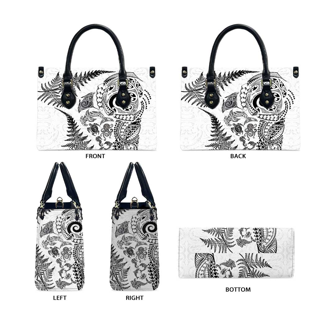 New Zealand Sea Animals Leather Bag with Maori Koru Tribal Tattoo and Silver Ferns White Color