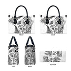 New Zealand Sea Animals Leather Bag with Maori Koru Tribal Tattoo and Silver Ferns White Color